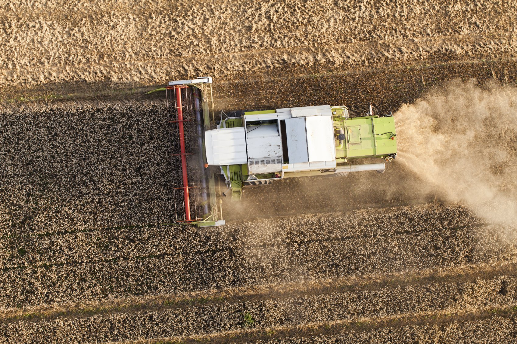 aerial view of combine on harvest field in Poland