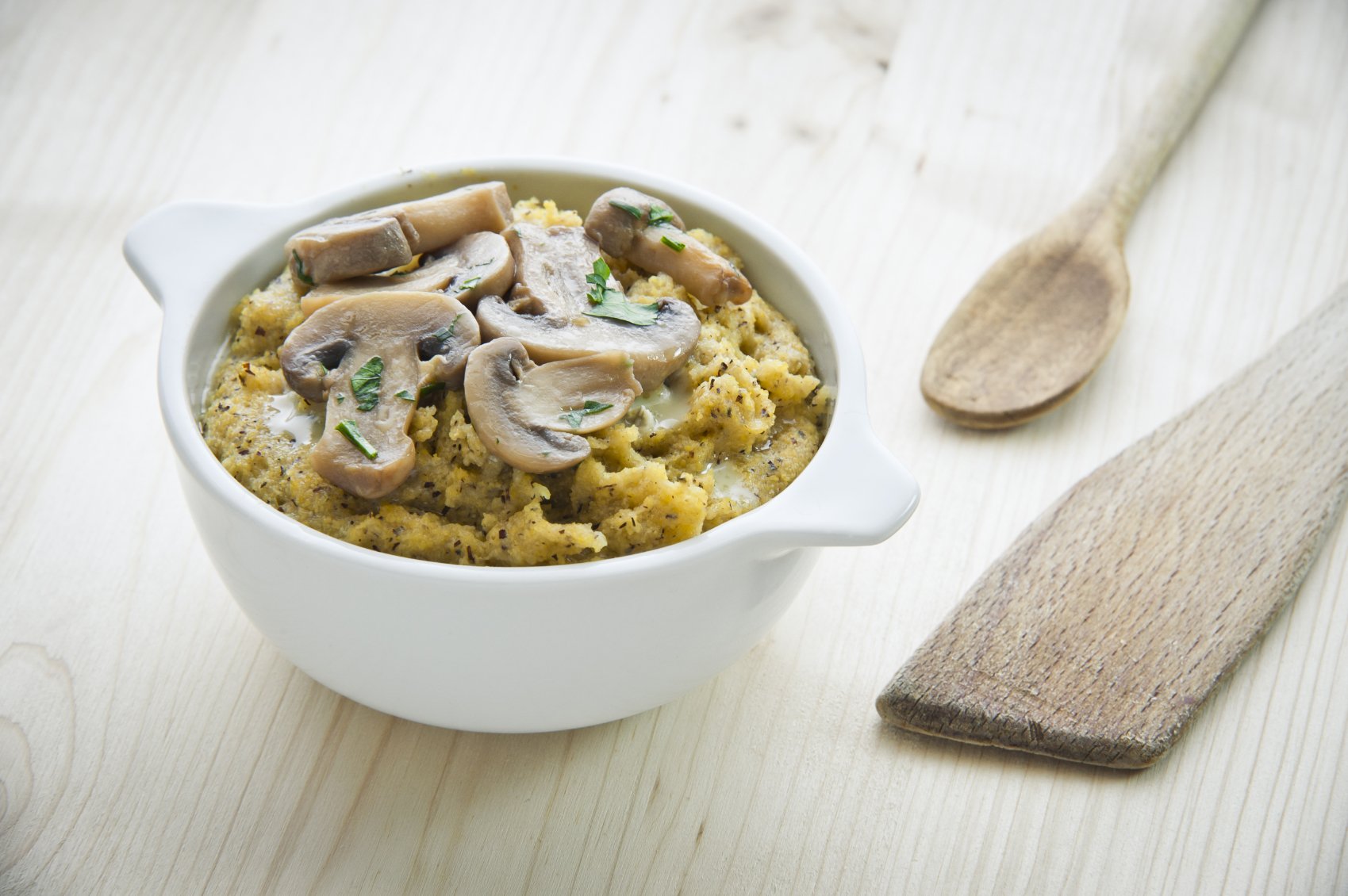 creamy polenta with mushrooms is a soft food thats easy to swallow
