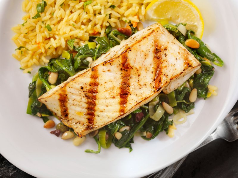 Grilled Halibut with Spinach, leeks and Rice
